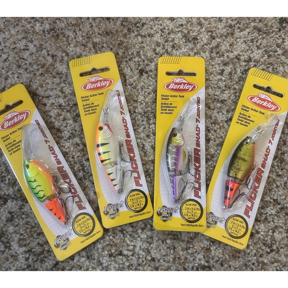 berkley flicker shad 7 Jointed Lot Of 4 Perch Purple Tiger Fire Tiger Firetail